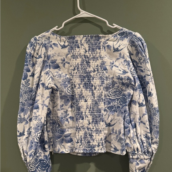 Reformation Stilton Linen top pompadour Blue White Floral Bird print New Size 8 - Picture 9 of 10